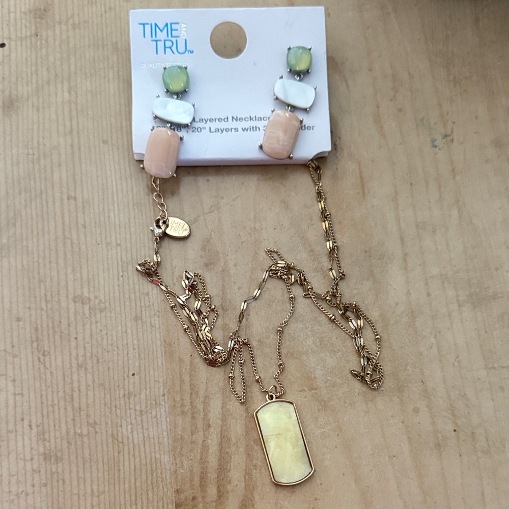Time and Tru Gold Necklace with Green and Pink Accents